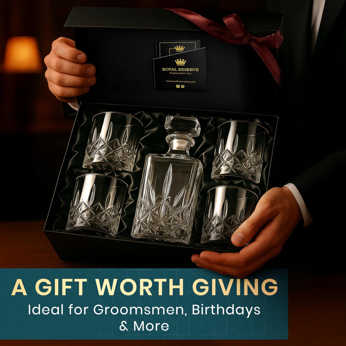 Whiskey Decanter Set by Royal Reserve - Crystal Liquor Bourbon Decanter 24oz 700ml with 4 Glasses in Magnetic Box - Gifts for Men