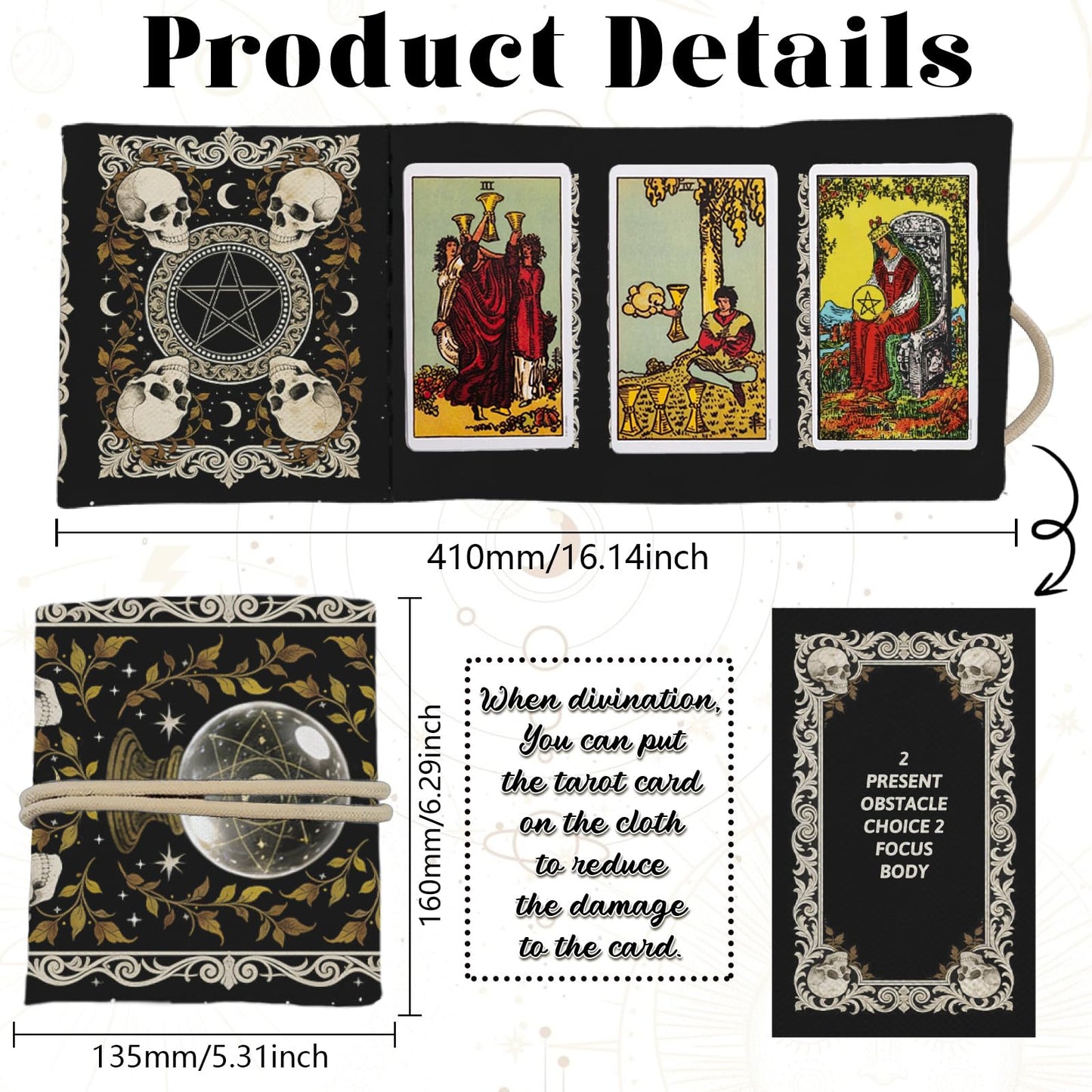 GLOBLELAND 2 Pcs Magic Divination Crystal Ball Tarot Card Holder Skull Polyester Tarot Bag Magic Divination Canvas Jewelry Storage Drawstring Pouches Accessories for Playing Cards and Tarots