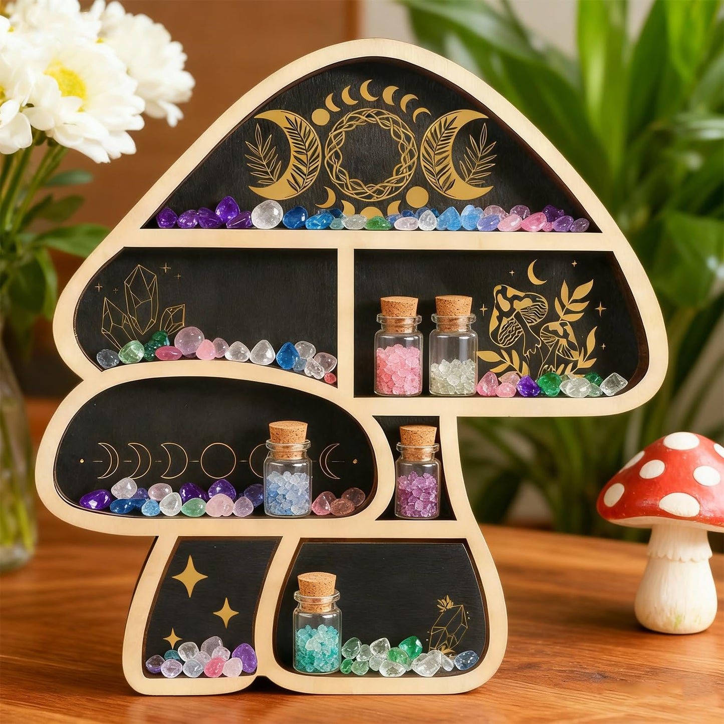 Zetosva Mushroom Gifts Floating Shelves, Crystal Display Shelf & Crystal Holder, Cute Mushroom Wall Decor and Mushroom Shelves, Trinket Shelf Rock Display Case, for Unique Home Decor