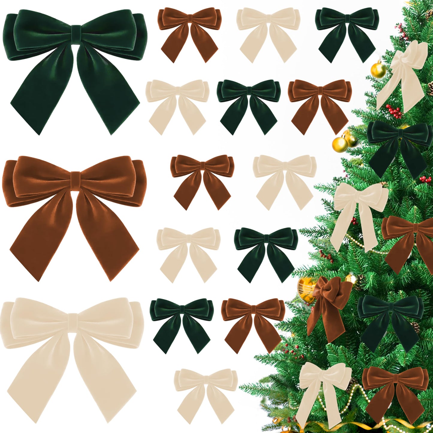 12Pcs Velvet Bows for Christmas Tree, Brown Beige Green Bow Christmas Decorations with Twist Tie, Mix Velvet Bow Ornaments Bulk for Wreath Garland Gift Wrapping Wedding Champagne Parties, 6x6in