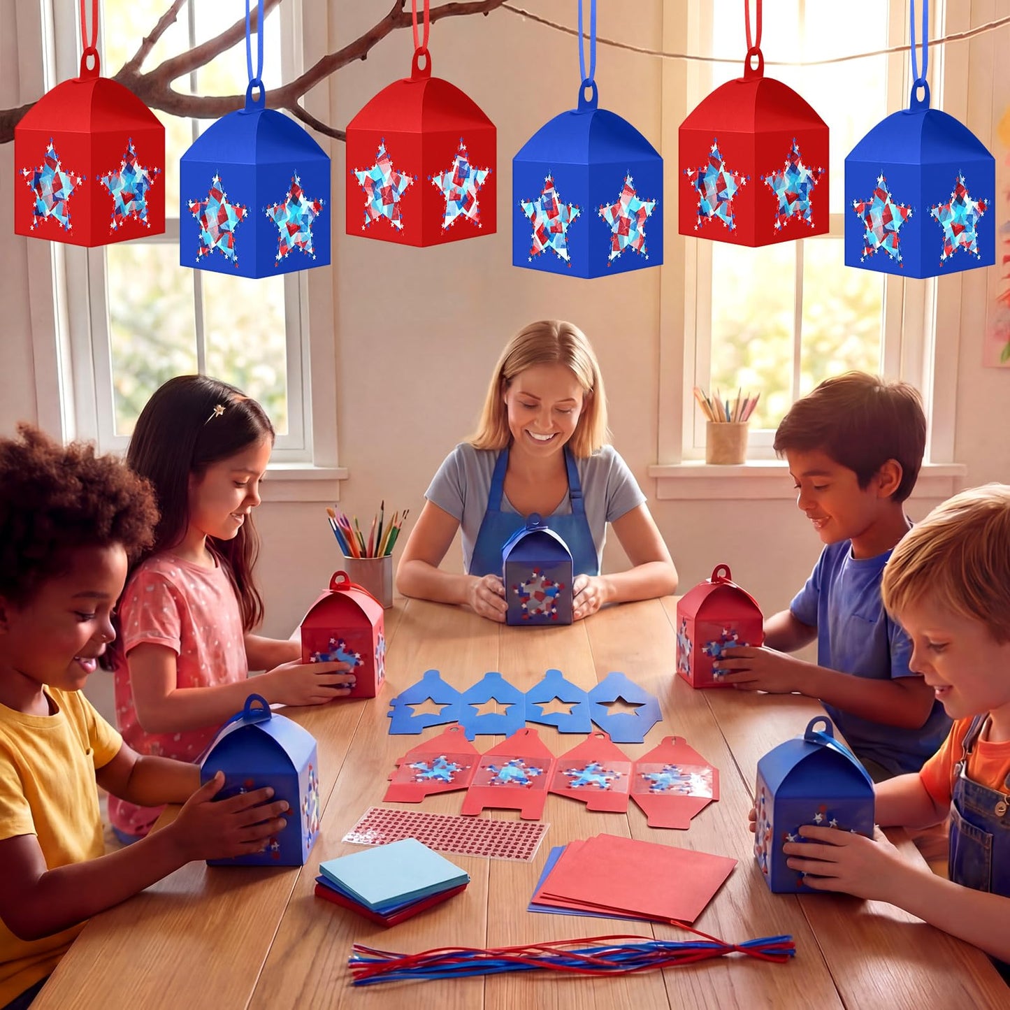 Maitys 16 Sets 4th of July Patriotic Hanging Paper Lantern Craft Kit, 250th Anniversary Red Blue DIY Lantern Ornaments with Stars Design for Independence Day Home Party Decorations