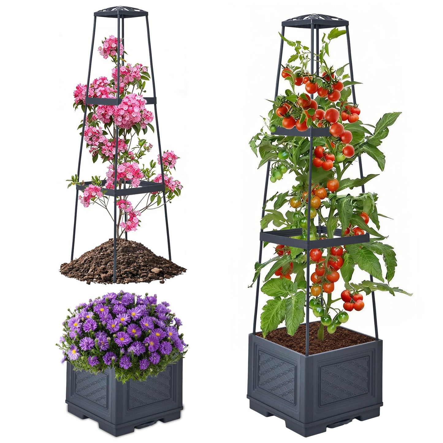 Raised Garden Bed, Tomato Cages for Garden, Tomato Cage, Raised Garden Beds Outdoor, Planter Box with Trellis, 44.8" Self-Watering Tomato Planter for Climbing Plants Vegetables Flowers(With Wheels)