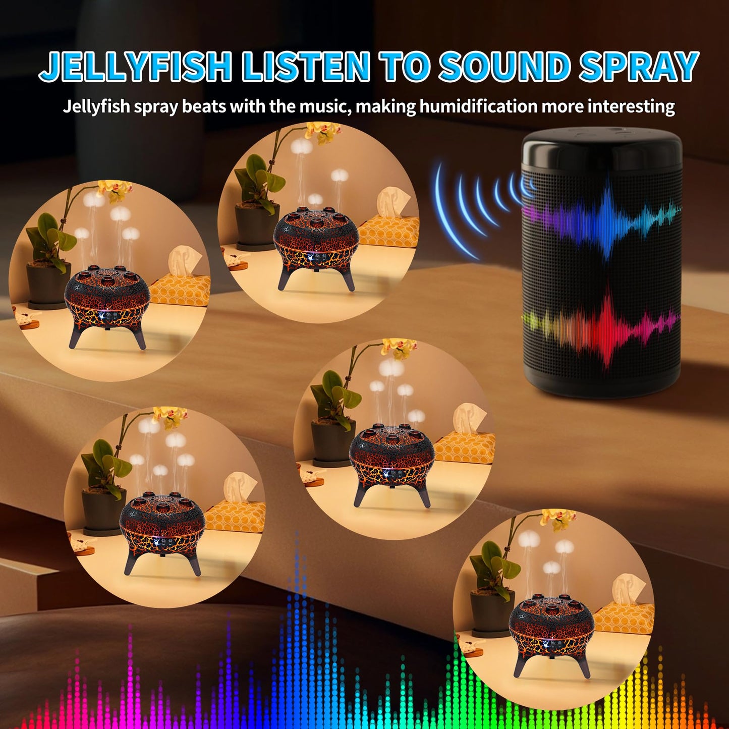 KCKJ Jellyfish Essential Oil Diffuser Sound-Activated Spray Dancing Jellyfish,250ml Aroma Air Diffuser, 3 Mist Modes & 7 Color Lights, Volcanic Lava Design for Home Bedroom(Black Crack)