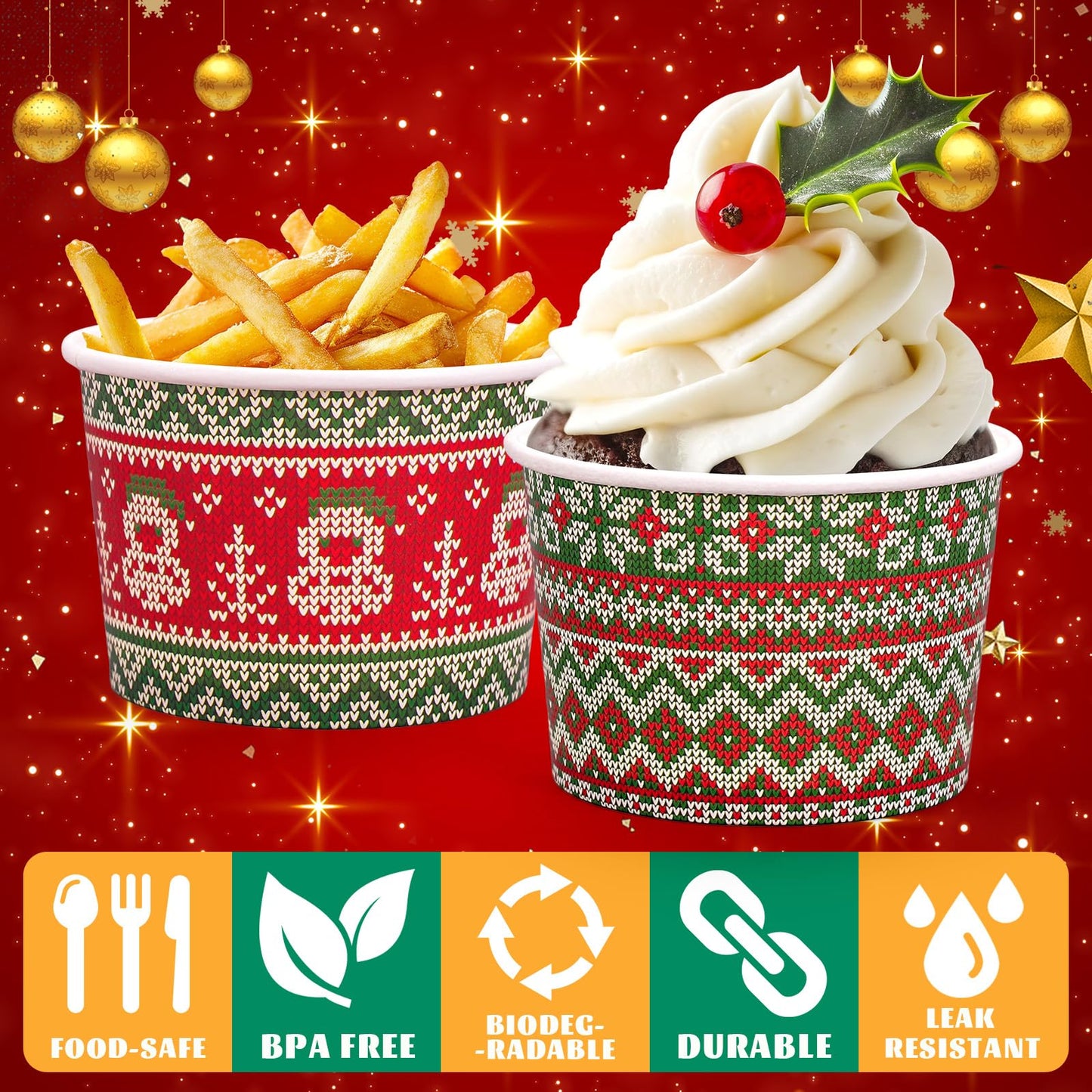 Whaline Christmas Snack Cup Xmas Red Green Ugly Sweater Disposable Paper Cups 9 Oz Dessert Ice Cream Paper Bowls for Winter Holiday Treat Candy Cake Party Favor Supplies, 48 Pcs