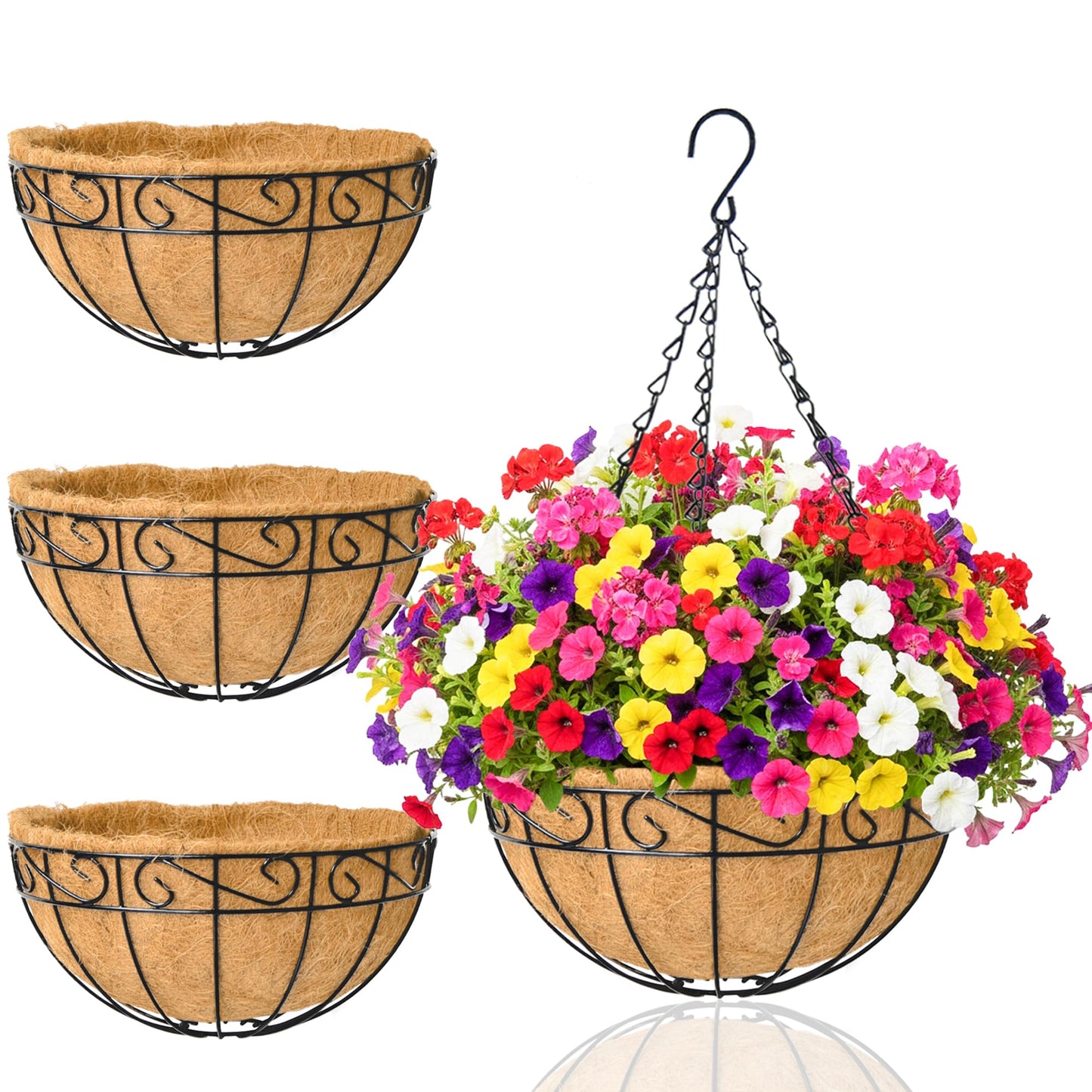 Hanging Planters for Outdoor Plants 4 Pack 14 inch Metal Hanging Flower Basket with Coco Coir Liner Wire Plant Holder Watering Flower Baskets Pot Hanger Garden Decoration for Indoor Outdoor(HBL)