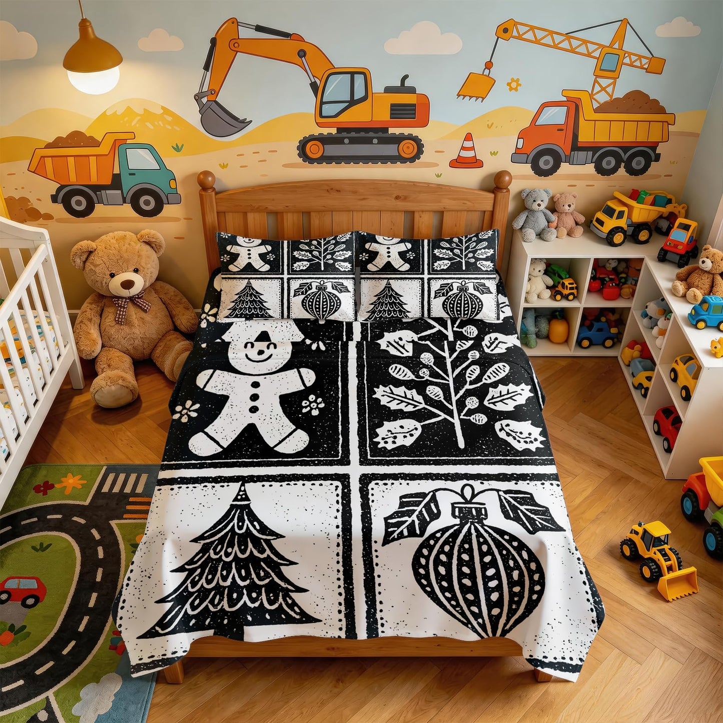 Gingerbread Man Sheet Set, 3 Pcs Twin XL Size Christmas Bed Sheets, White
