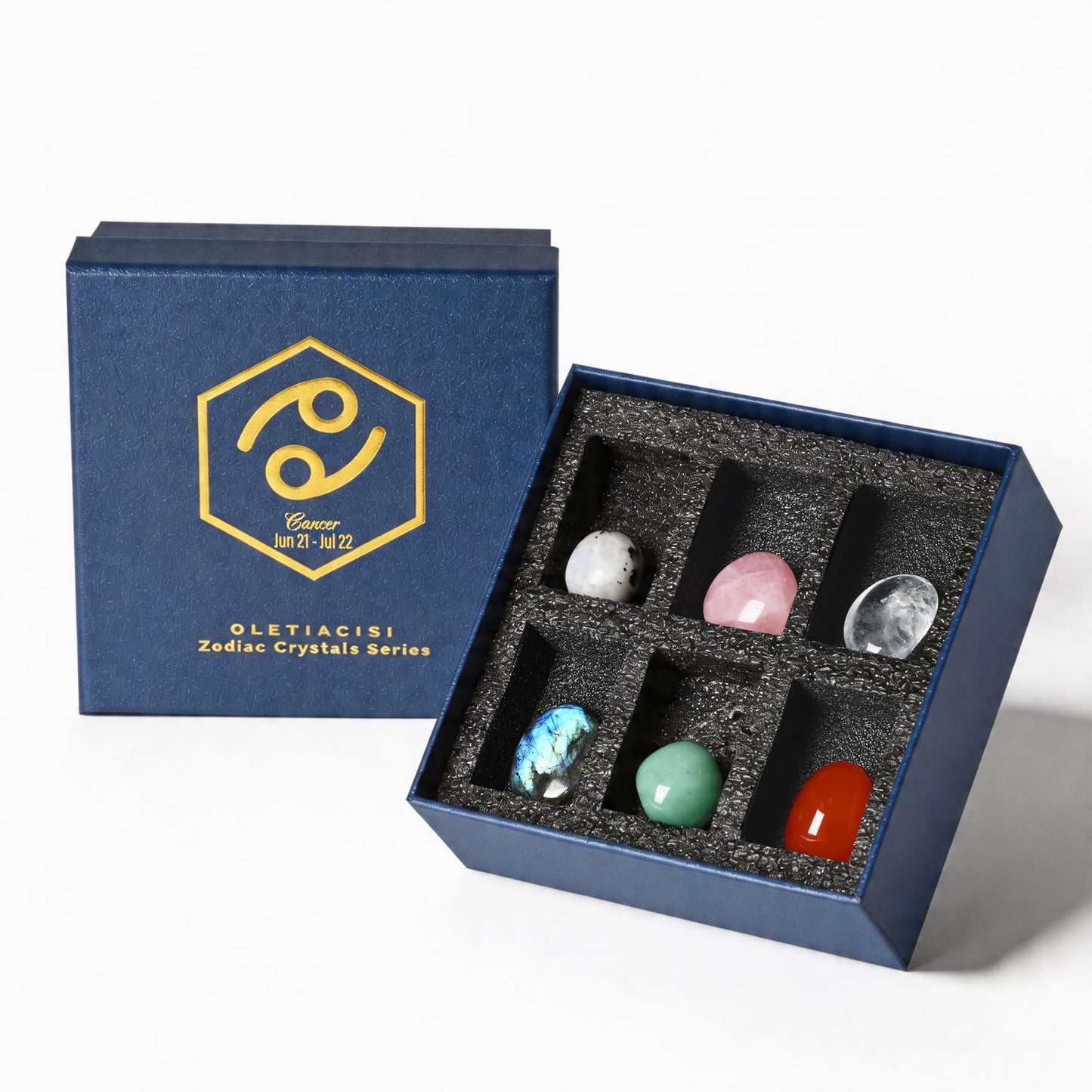 OLETIACISI Cancer Zodiac Crystal Gift Set, 6 Natural Healing Crystals for Women, Meditation, Energy, Emotional Balance & Spiritual Growth, Birthday Gift with Guidebook, Pouch & Greeting Card
