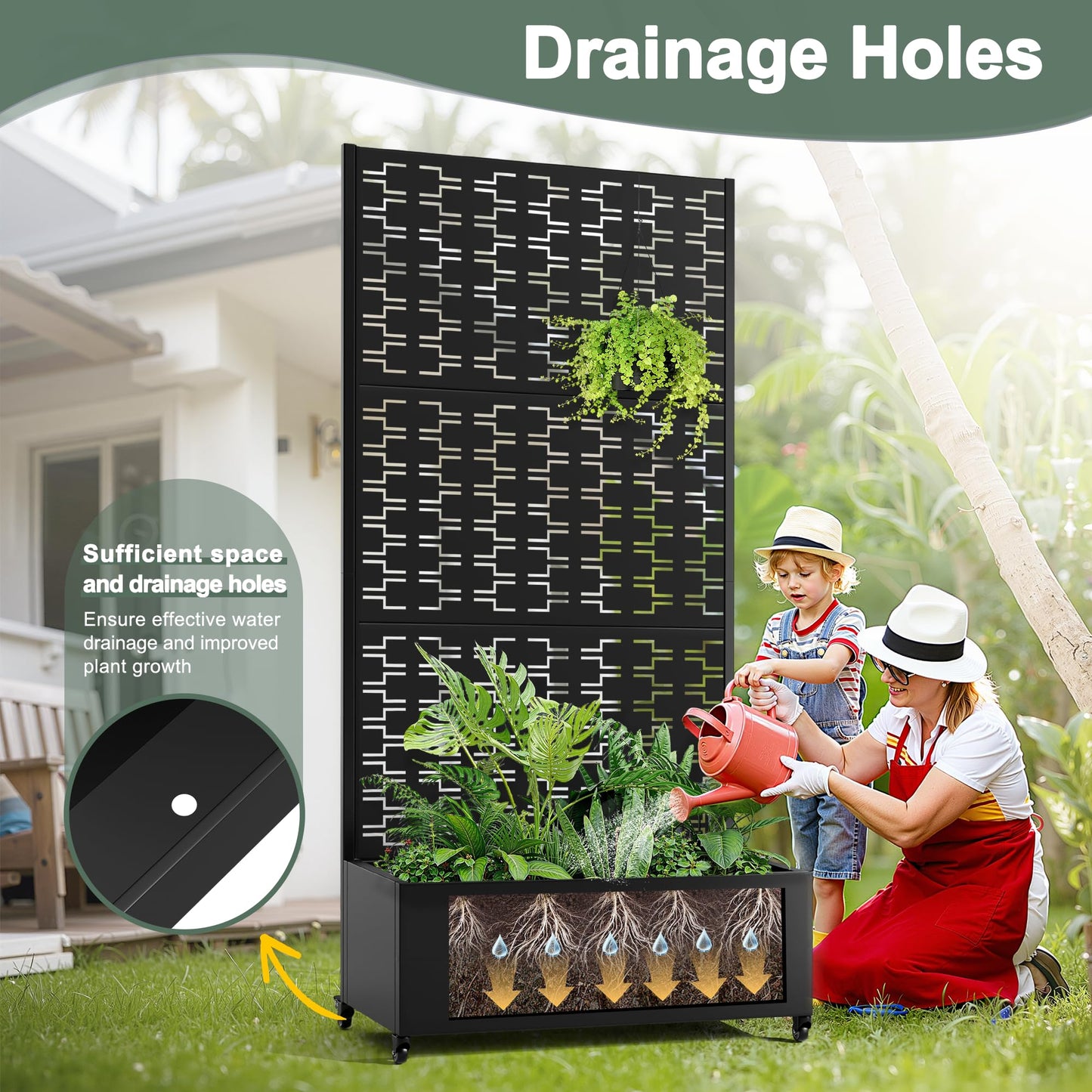 PolarcoForgeco Planter Box with Trellis and Wheels, Metal Privacy Screen with Garden Beds Outdoor for Climbing Plants, Standing Planter Boxes with Drainage Holes (35" L×16" W×71" H, Black Rectangle)
