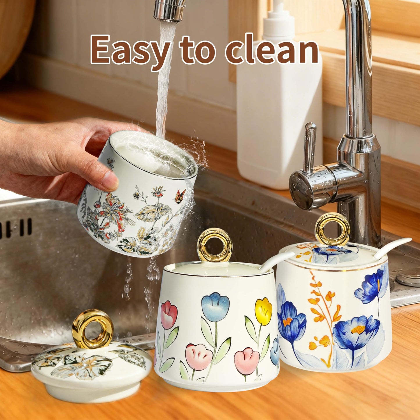 JUSONEY Ceramic Sugar Bowl with Lid and Spoon with Floral Pattern, Gold Trim - 7.5oz Elegant Sugar Jar with Lid and Spoon, Nordic Style for Kitchen, Dining, Cafe, Gift Idea (B)