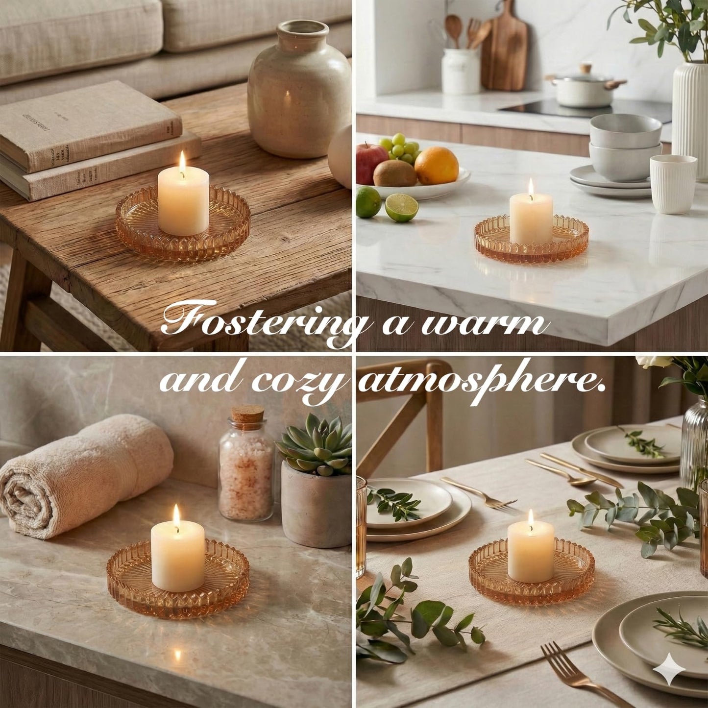 3PCS Amber Ribbed Glass Jewelry Tray, Coasters & Pillar Candle Holders