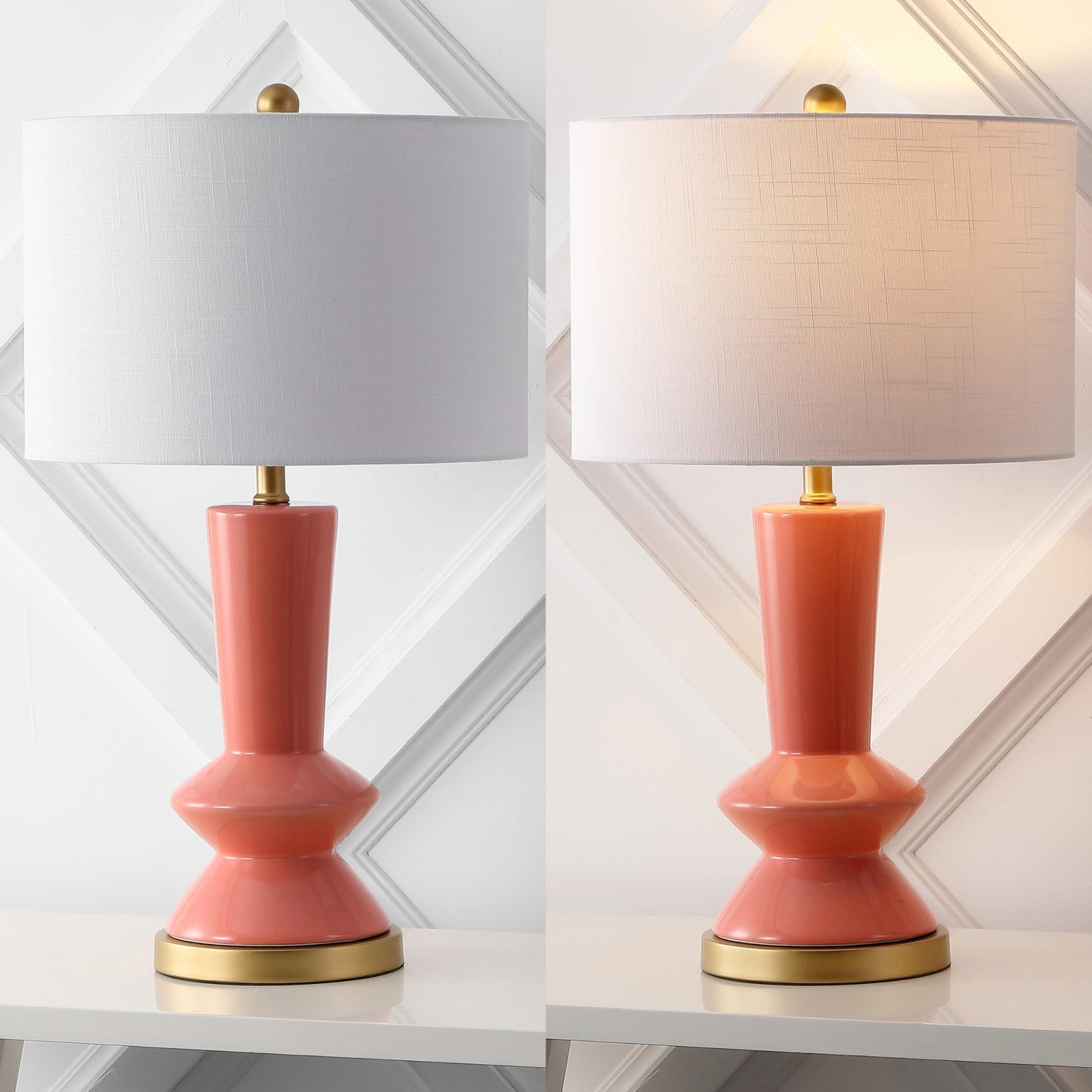 JONATHAN Y 27" Coral/Gold Painting Modern Ceramic Table Lamp for Bedroom Living Room, with White Linen Shade, Glam Geometric Bedside Nightstand Lamp, LED Bulb Included (JYL6607B)
