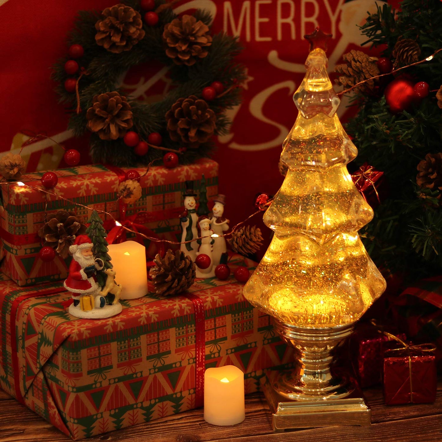 DRomance LED Light Up Musical Snow Globe Christmas Tree, 14 Inch Tall Singing Snow Globe Christmas Tree Shaped with Pedestal