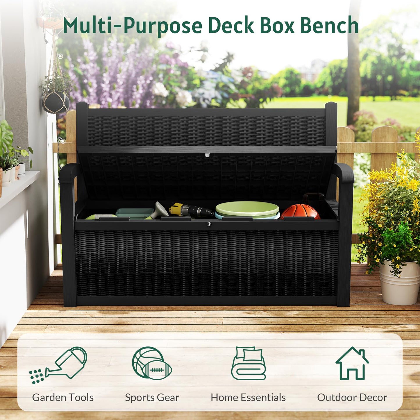 Skepphlay 70 Gallon Outdoor Storage Bench, Deck Box Bench with Armrest, Lockable Outside Benches with Storage, Deck Boxes Waterproof for Pool Patio Garden (Black)