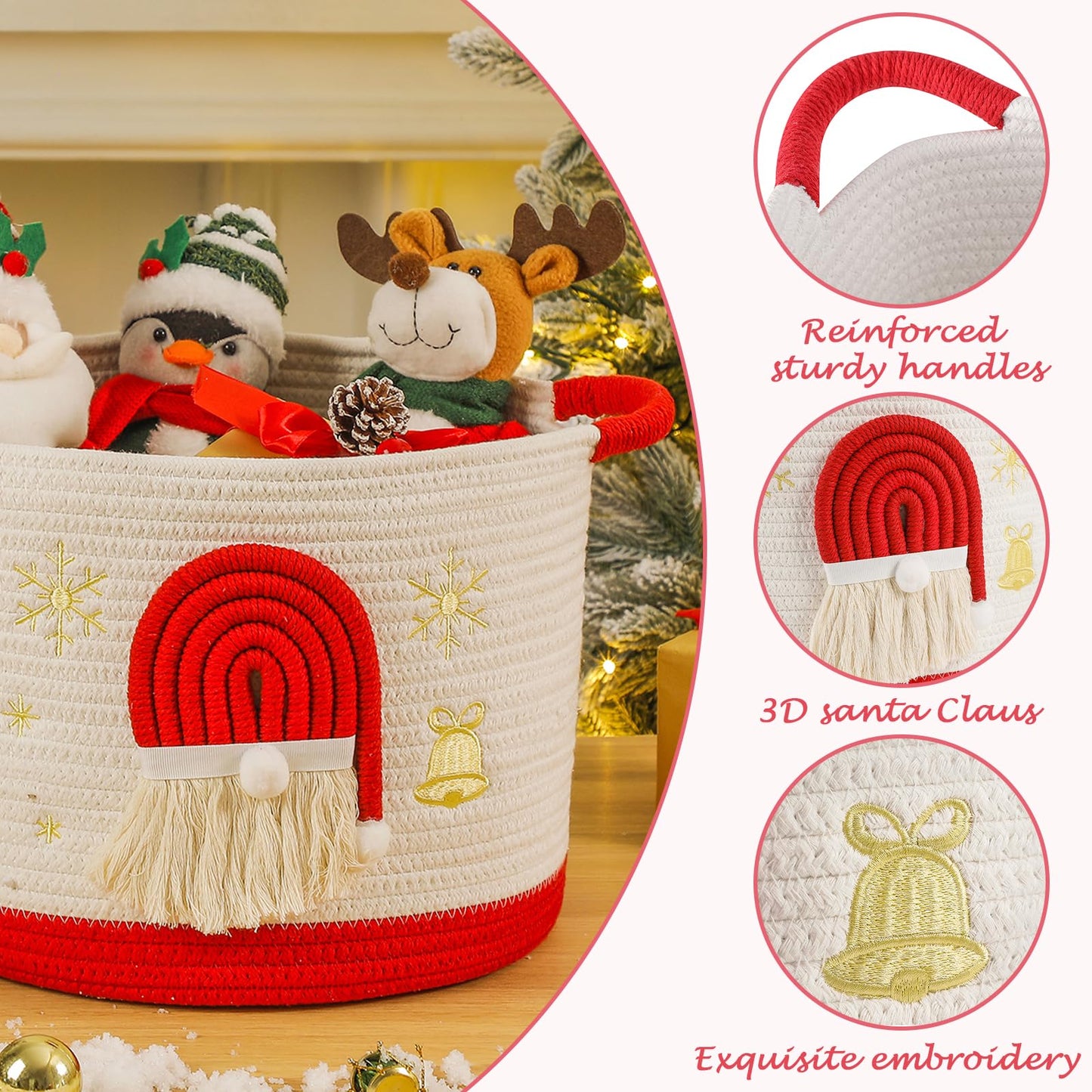 Christmas Basket Cotton Rope Blanket Storage Basket Large Christmas Buckets with Red Handle, Laundry Baskets with 3D Santa Claus Raffle Basket Holiday Baskets Empty for Gifts Decorative Winter Baskets