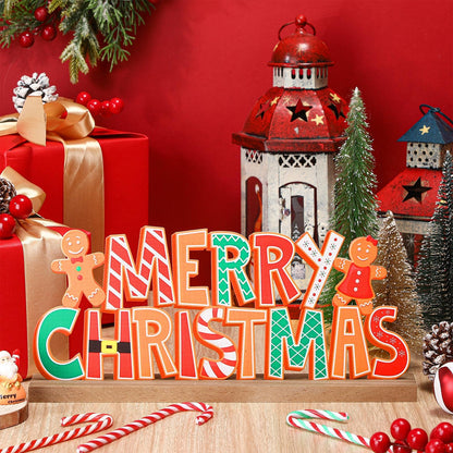 Realspring Gingerbread Man Metal Sign Gingerbread Christmas Table Decoration Xmas Tiered Tray Decor Freestanding Metal Word Sign with Wooden Base for Xmas Home Tabletop Centerpiece Mantel Fireplace