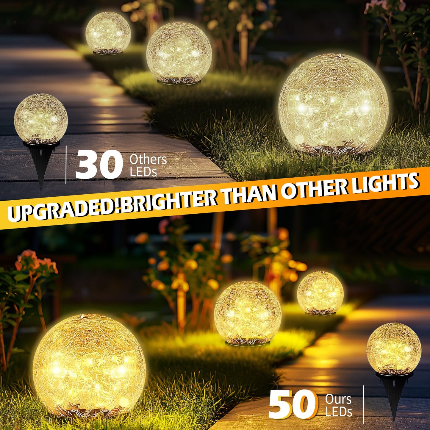 Coroor Garden Solar Ball Lights Outdoor Waterproof, 50 LED Cracked Glass Globe Solar Power Ground Lights for Path Yard Patio Lawn, Christmas Decoration Landscape Warm White(2 Pack 4.7'')