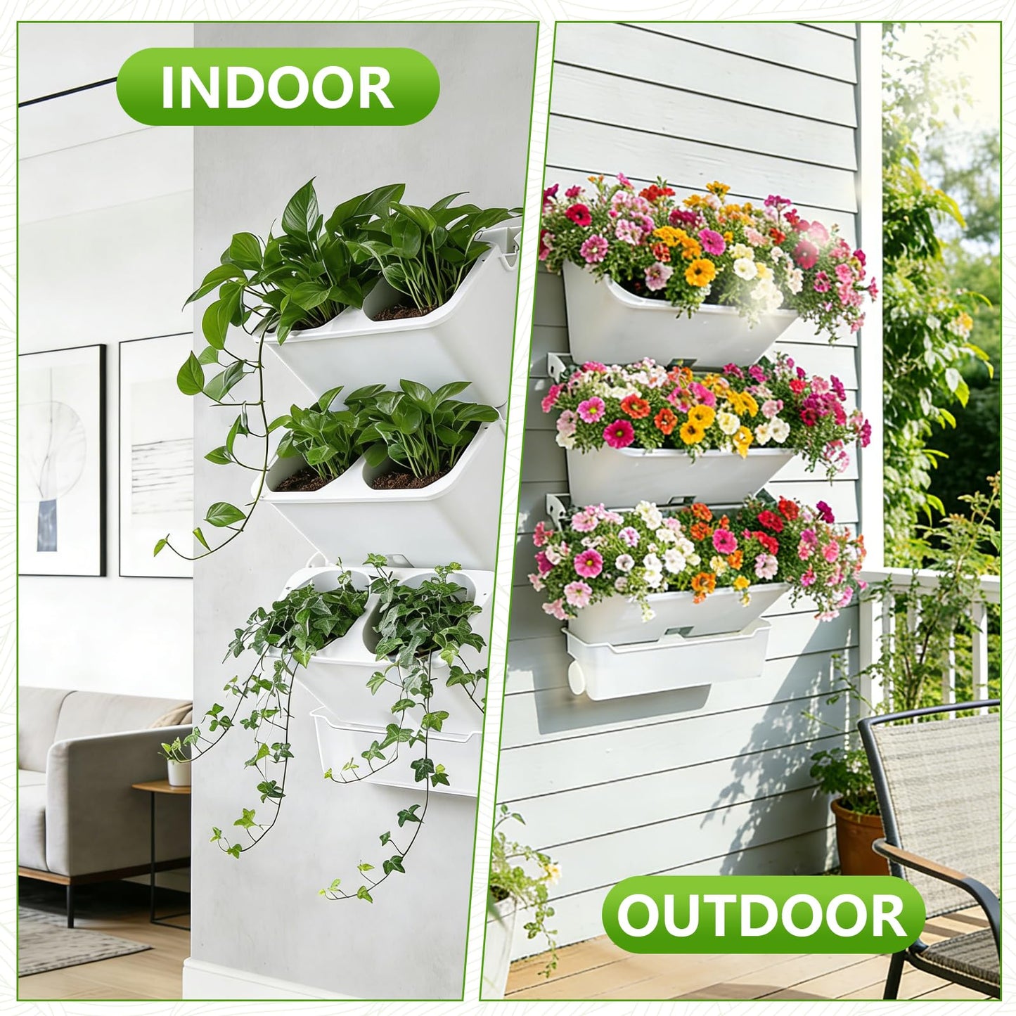 3-Tiers Vertical Wall-Mounted Planter with 6 Pots Vertical Garden Living Wall Planter Indoor Self-Watering Soil-Water Separation Stackable Plastic Planter for Herb Vegetable Flower Succulent (White)