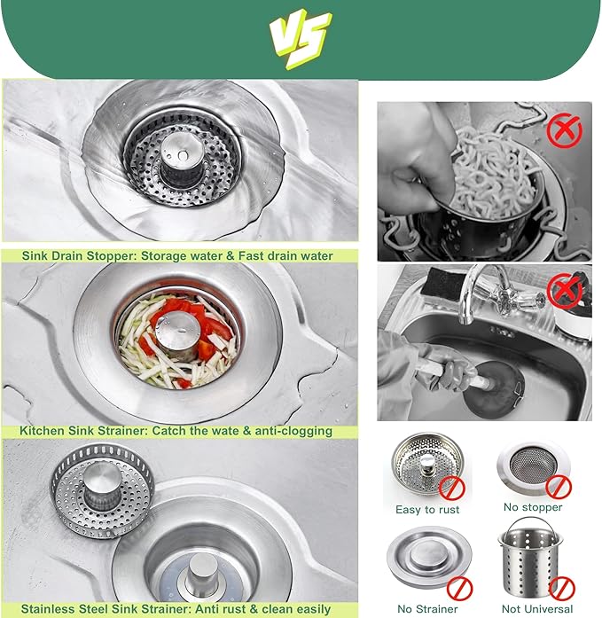 Sink Drain Strainer 3 in 1, 304 Stainless Steel Pop Up Sink Stopper,