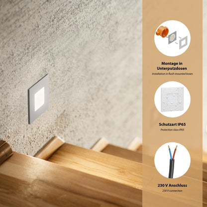 ledscom.de LED Staircase Light/recessed Wall Light FEX for Indoors and Outdoors, Angular, 85 x 85mm, Warm White