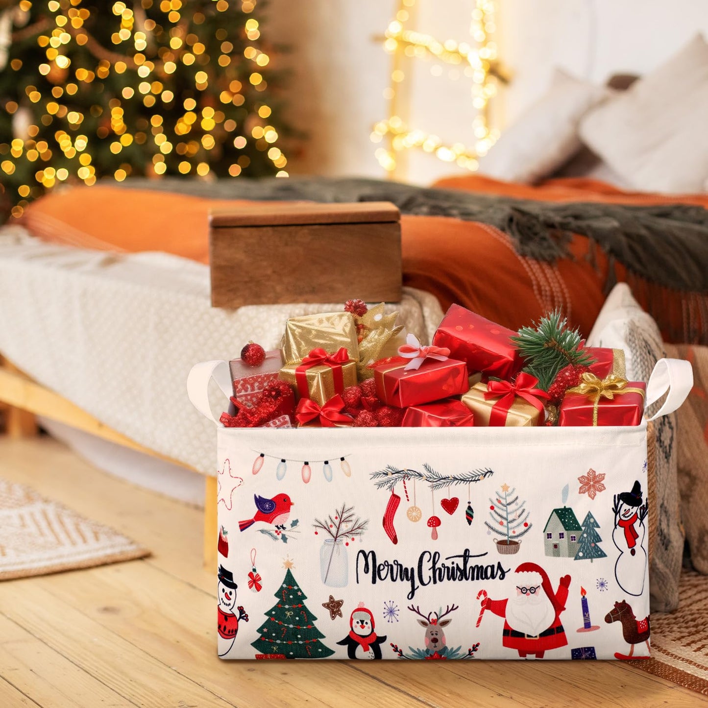 Weysat Extra Large Christmas Storage Baskets for Gifts Empty 16.5 x 12.6 x 9.8 Inch Merry Christmas Santa Storage Bin Collapsible Foldable Large Boxes with Handles Laundry Organizer for Home Bedroom