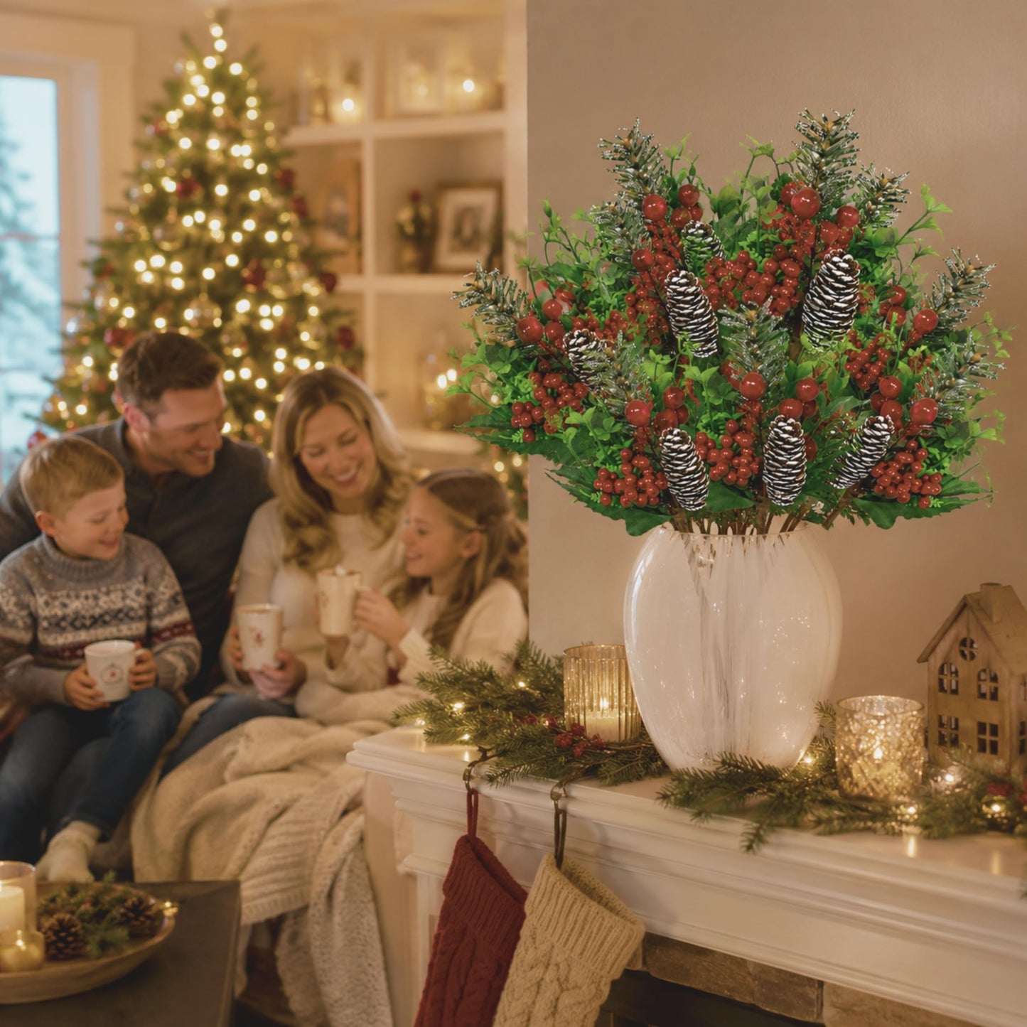 Christmas Floral Picks Set of 10, Snow Tipped Pinecone Greenery Picks with Red Berries, 9 Inch Bendable Stems - Wreaths Garland Christmas Tree Centerpieces Floral Arrangements & Crafts