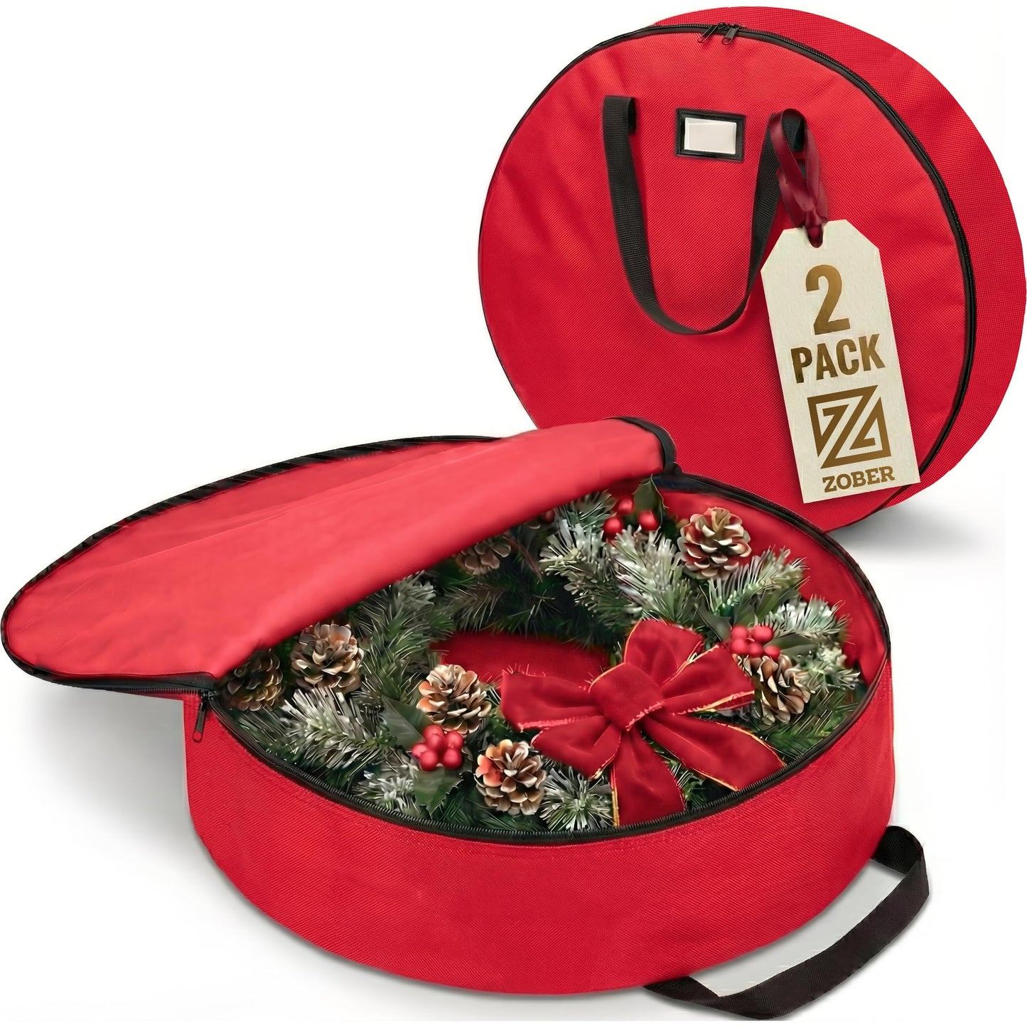 ZOBER 2 Pack Oxford Christmas Wreath Storage Container 36 Inch - Wreath Bag for Artificial Wreaths Box - Waterproof Fabric, Dual Zippered Wreaths Storage Bag With Strong Durable Handles - Red