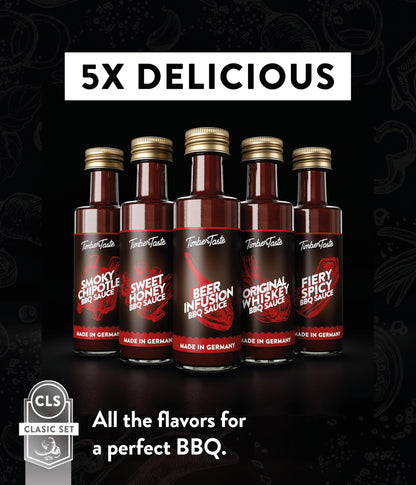 TIMBER TASTE® BBQ Sauce Gifts for Men [5x40 ml] - BBQ Sampler Set with Rubs and 5 Gourmet Barbecue Blends | BBQ Gift Sets | Grill Sauces Gift Set | BBQ Sauce Kit for Dads Birthday Present Box