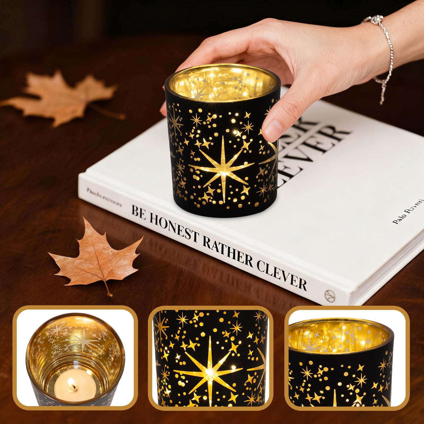 Toptime Votive Candle Holders Black and Gold, Glass Tealight Candle Holder Set of 3 with Stars Pattern, Vintage Tea Light Holders for Christmas Table Centerpiece Birthday Party Vanlentine's Day