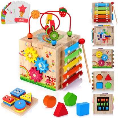 HELLOWOOD Wooden Activity Cube Baby Toys, 8-in-1 Montessori Educational Toy Set, Bead Maze Shape Sorter Abacus Xylophone Words & Clock Learning, STEM Toys for Boys Girls Toys for 1 2 3 years old
