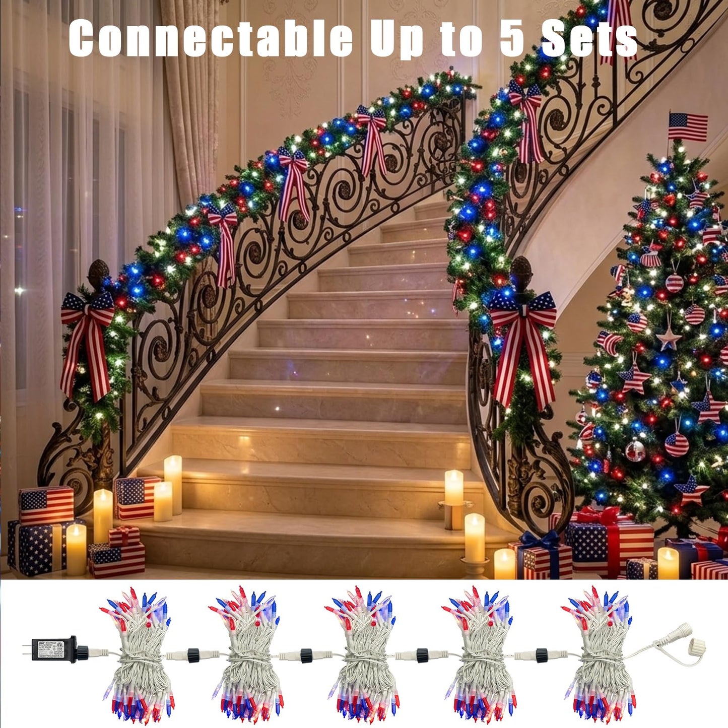 TWINGLEHOME 33ft (10 m) 100 LED Mini String Lights with White Wire, 4" Spacing, Multifunctional Lighting Modes (Red, Cool White, Blue), Plug-in for Indoor Holiday, Nation Day