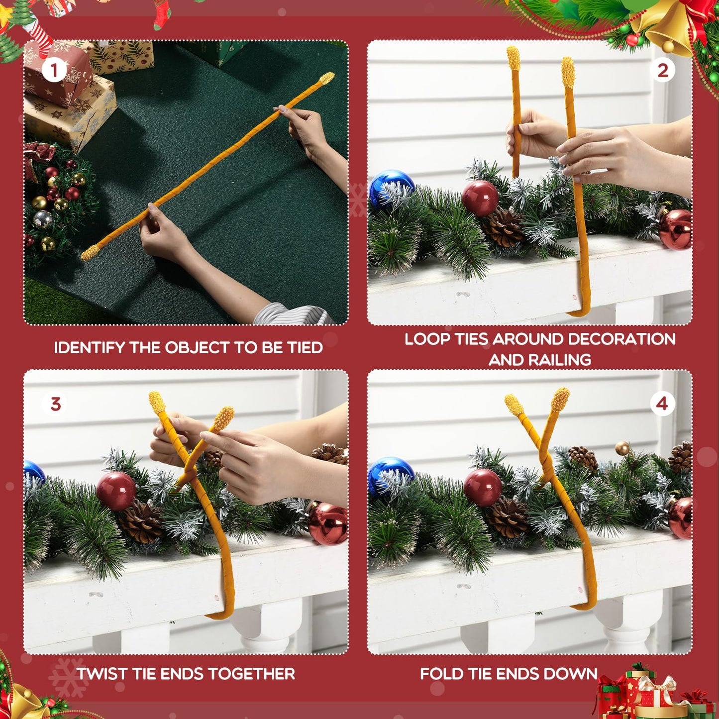 Zhengmy 16 Pcs 25 Inches Christmas Velvet Garland Ties Christmas Decorative Twist Ties for Banister Reusable and Flexible Twist for Xmas Home Decorations Holiday Craft Wrapping(Gold)