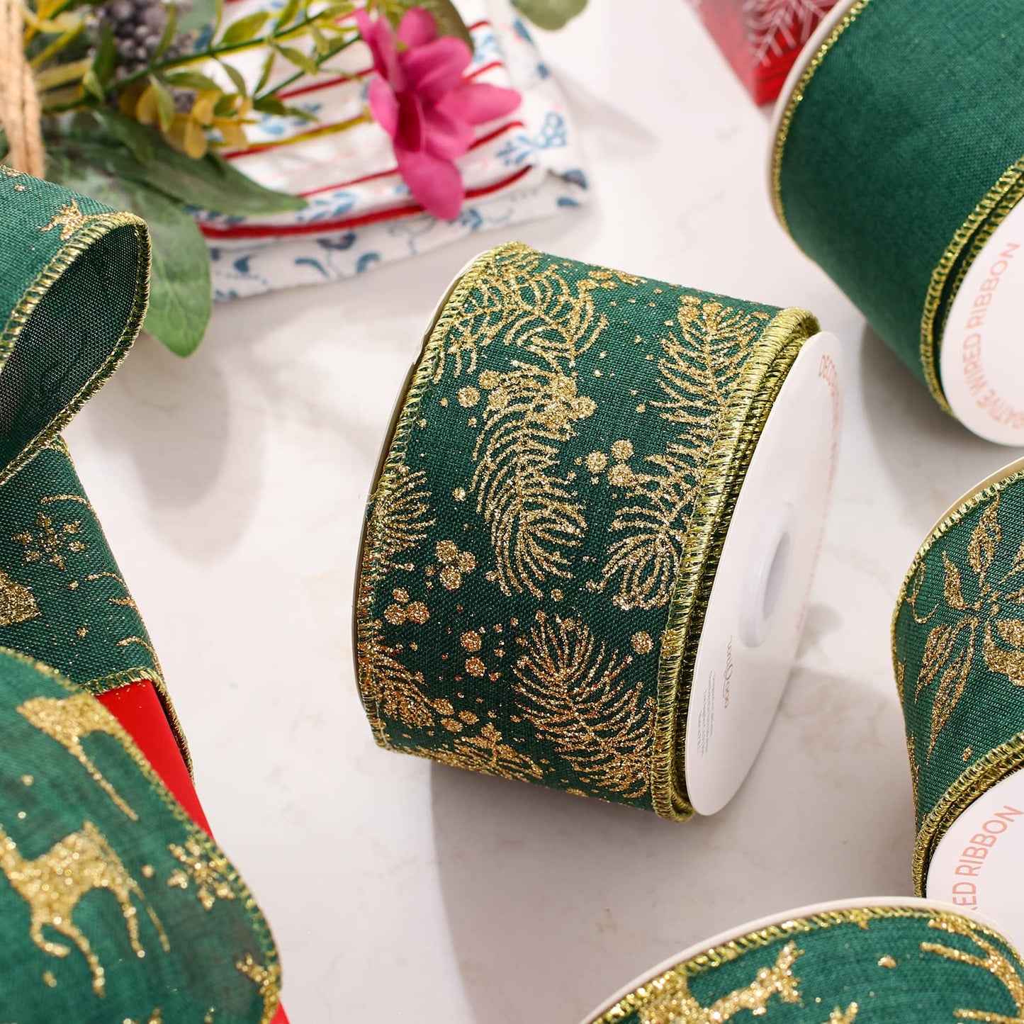 UNIQOOO 40 Yards 4 Rolls Seamless Green Christmas Wired Ribbon Set, 2.5 inch x 10yd. Satin Burlap Wired Edge Ribbon for Xmas Tree Décor, Gift Wrap Box, Bows, Wreath, Garland, Floral DIY Craft, Wedding