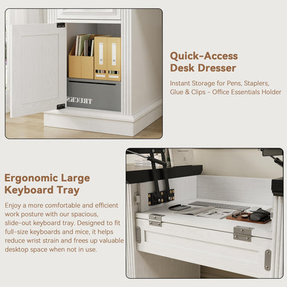Jocoevol 57" Lift Executive Desk with Drawers, Farmhouse Home Office Desk with File Cabinet Storage, Computer Desk with Charging Station & Headphone Hook for Work/Study/Writing (White & Black, Lift)