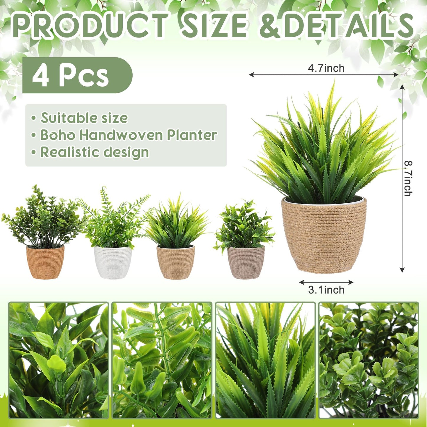 Suncalla 4 Pcs Small Woven Artificial Plants Boho Potted Fake Plants Mini Plastic Faux Eucalyptus 8.7" Greenery Indoor Farmhouse Bathroom Decor Pflanze Waterproof for Home Office Table Room Decor Gift