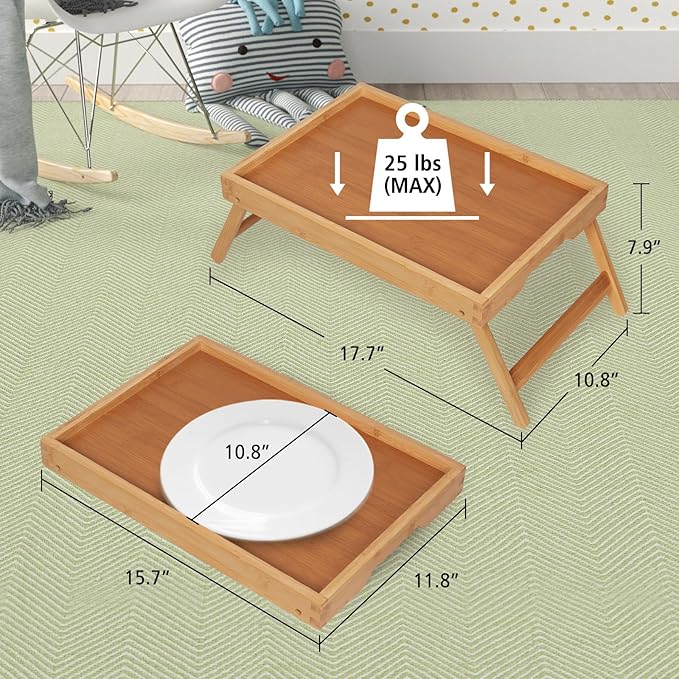 Artmeer Bed Tray Table with Folding Legs, Bamboo Breakfast in Bed