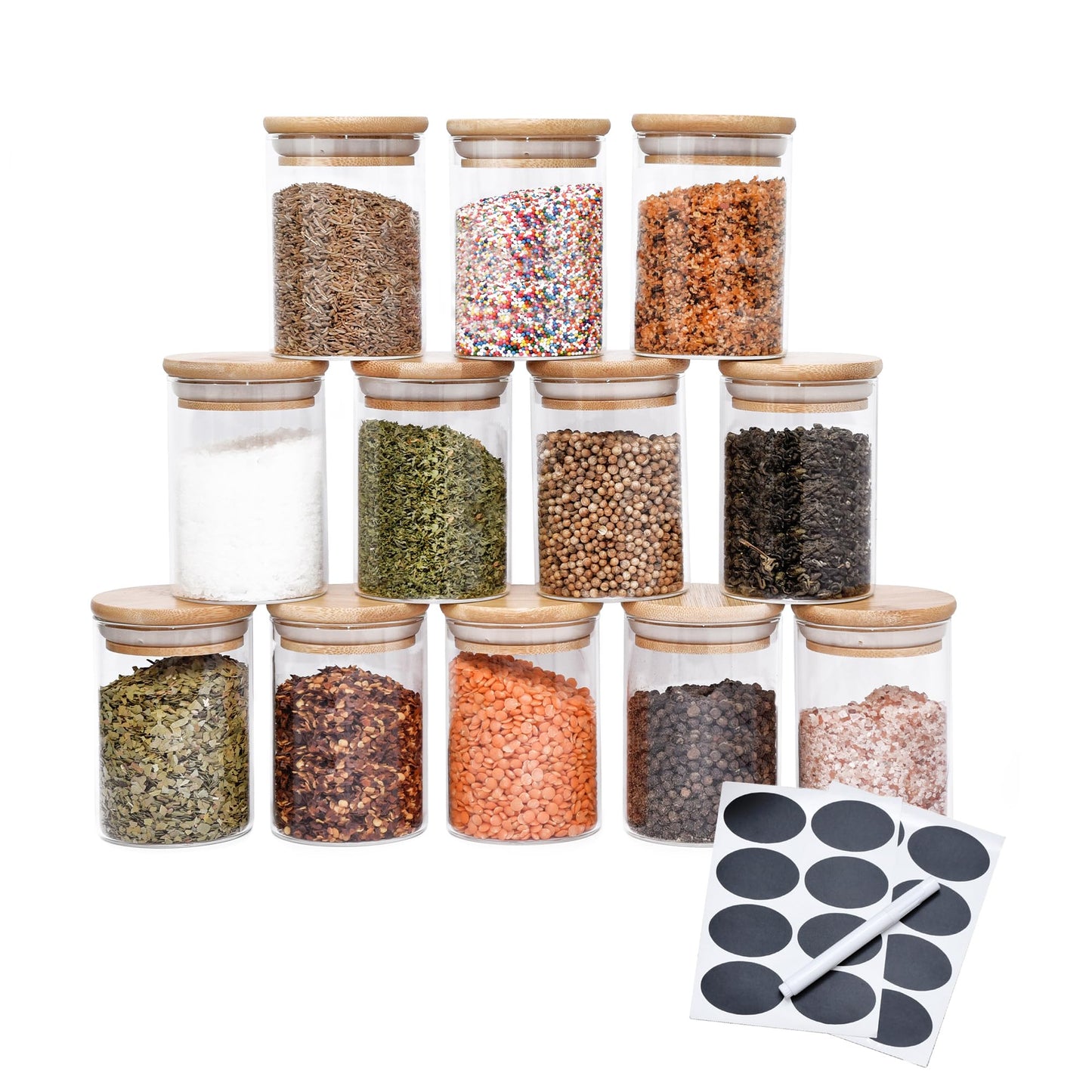 PreZervers 12 pcs Spice Jars | Glass Jar Bamboo Lids Food Storage Containers 7oz Glass Jar | Includes Pen and Decorative Labels | Dozen Spice Jars | Tea, Sugar, Salt, Herbs | Bonus Item
