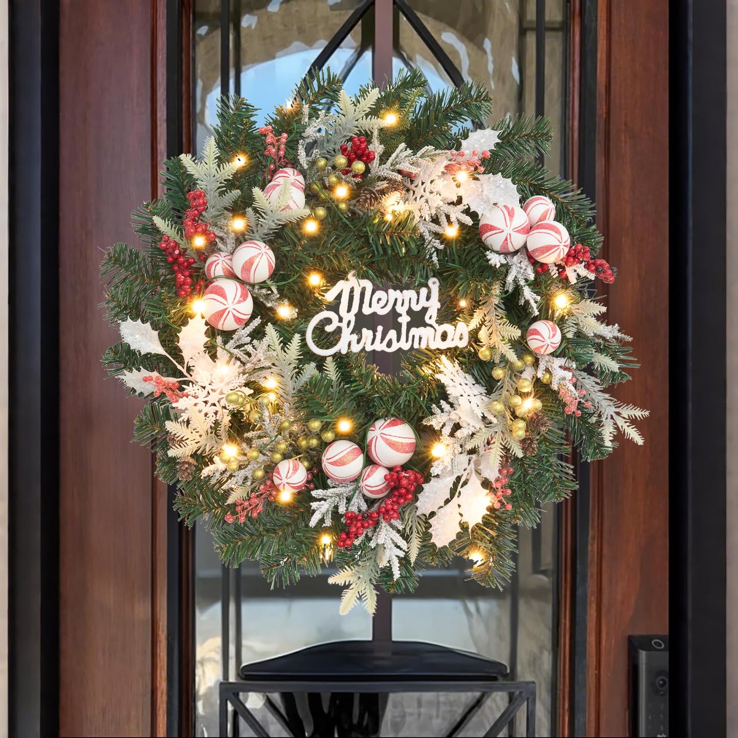 Red White Christmas Candy Wreath with Lights,30 LED with Timer, Lighted Winter Holiday Door,Fireplace Mantel and Stairs Decor,Entryway Decoration,prelit Christmas Wreath for Front Door -22inch