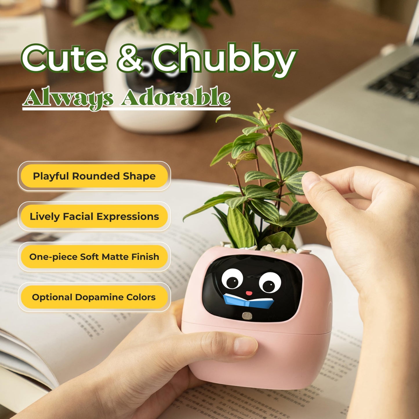 PLANTSIO Ivy AI Smart Planter Intelligent Flower Pot for Home Decoration Plants Companion Neat Desk Setup Gift Pet Planter Robot Guidance on Plant Care with Emojis (Pink)
