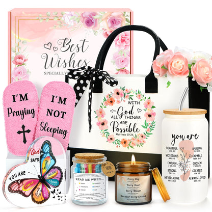 Christian Gifts for Women Faith Based Gift Inspirational Gifts for Women Birthday Unique Catholic Gift Bible Accessories Inclue Bible Verse Jar Butterfly Decorations Socks Glass Can Candles Tote Bag