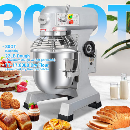 LEEVOT 30 Qt 1250W Commercial Food Mixer, Commercial mixer 3 Speeds Adjustable Heavy Duty Stand Mixer with Stainless Steel Bowl for Bakery Pizzeria.