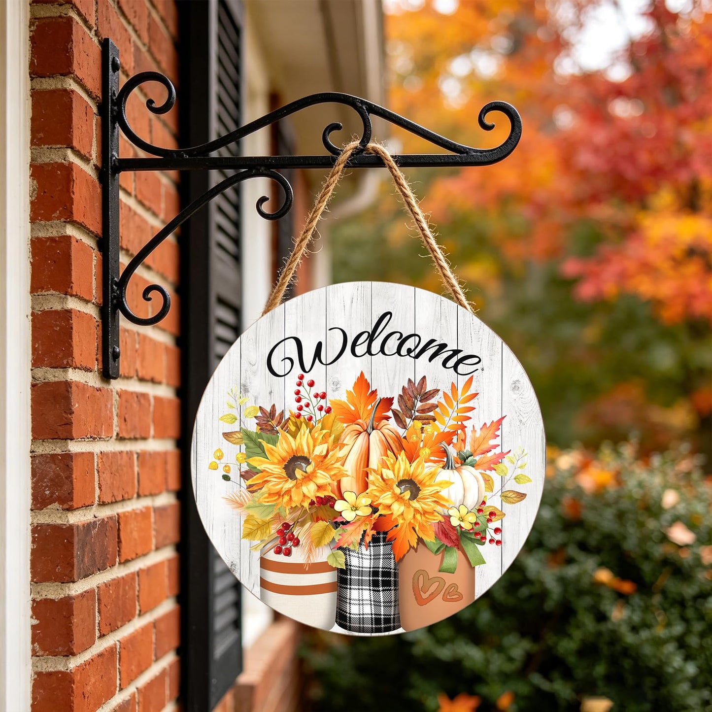 Harooni Fall Welcome Sign Door Sign 12"x12" Rustic Fall Decorations Hanging Door Sign Thanksgiving Farmhouse Welcome Round Wooden Sign for Home Front Door Wall Porch Yard Garden