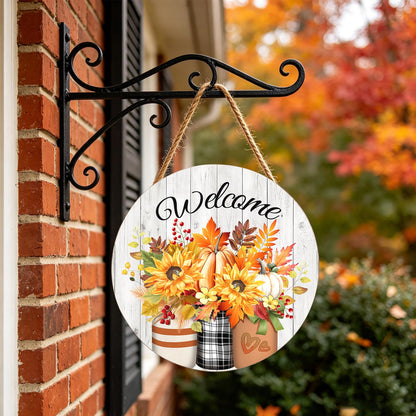 Harooni Fall Welcome Sign Door Sign 12"x12" Rustic Fall Decorations Hanging Door Sign Thanksgiving Farmhouse Welcome Round Wooden Sign for Home Front Door Wall Porch Yard Garden