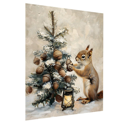 Tree Decor Winter Wall Art, Winter Squirrel Print, Snowy Pine Tree, Rustic Lantern, Acorn Ornaments, Holiday Scene Art, Woodland Christmas,Christmas Rustic Farmhouse Decor 16x24inch Unframed