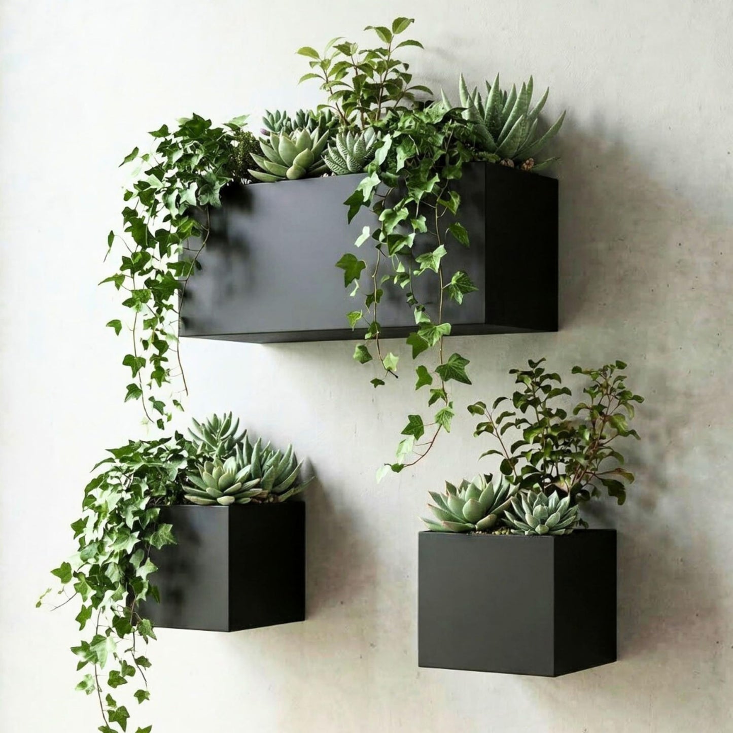 LaLaGreen Wall Planters (3 Set) Rectangular Wall Mounted Hanging Flower Boxes for Indoor Plants, Black Carbon Steel Metal Windox Box Planter Plant Pot Modern Balcony Windowsill Herb Home Garden Decor