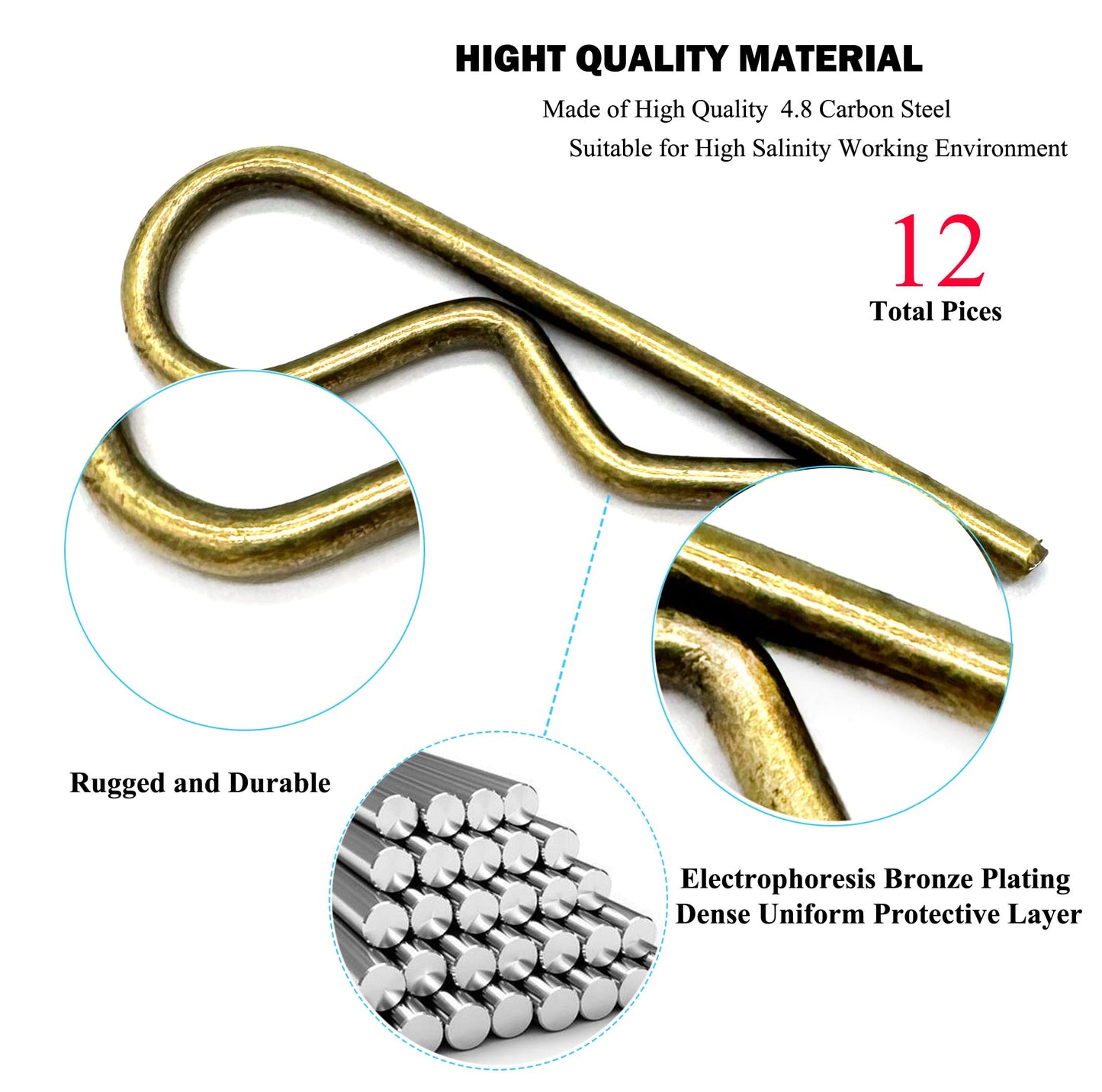 12 Pcs Heavy Duty Hitch Pins Clip R Clips Spring Retaining Wire Hair Pins Cotter Pin Strong Spring Tension Large Carter Pin R Clip Large for Trailer Tractor Mower Carts Truck Bronze zinc M3x60mm
