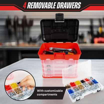 Small Parts Organizer Box - 11-Inch Portable Storage Case with 4 Removable Multi-Compartment Trays for Screws, Beads, Small Fishing Tackle, Hardware, and Craft Supplies by Stalwart (Red)