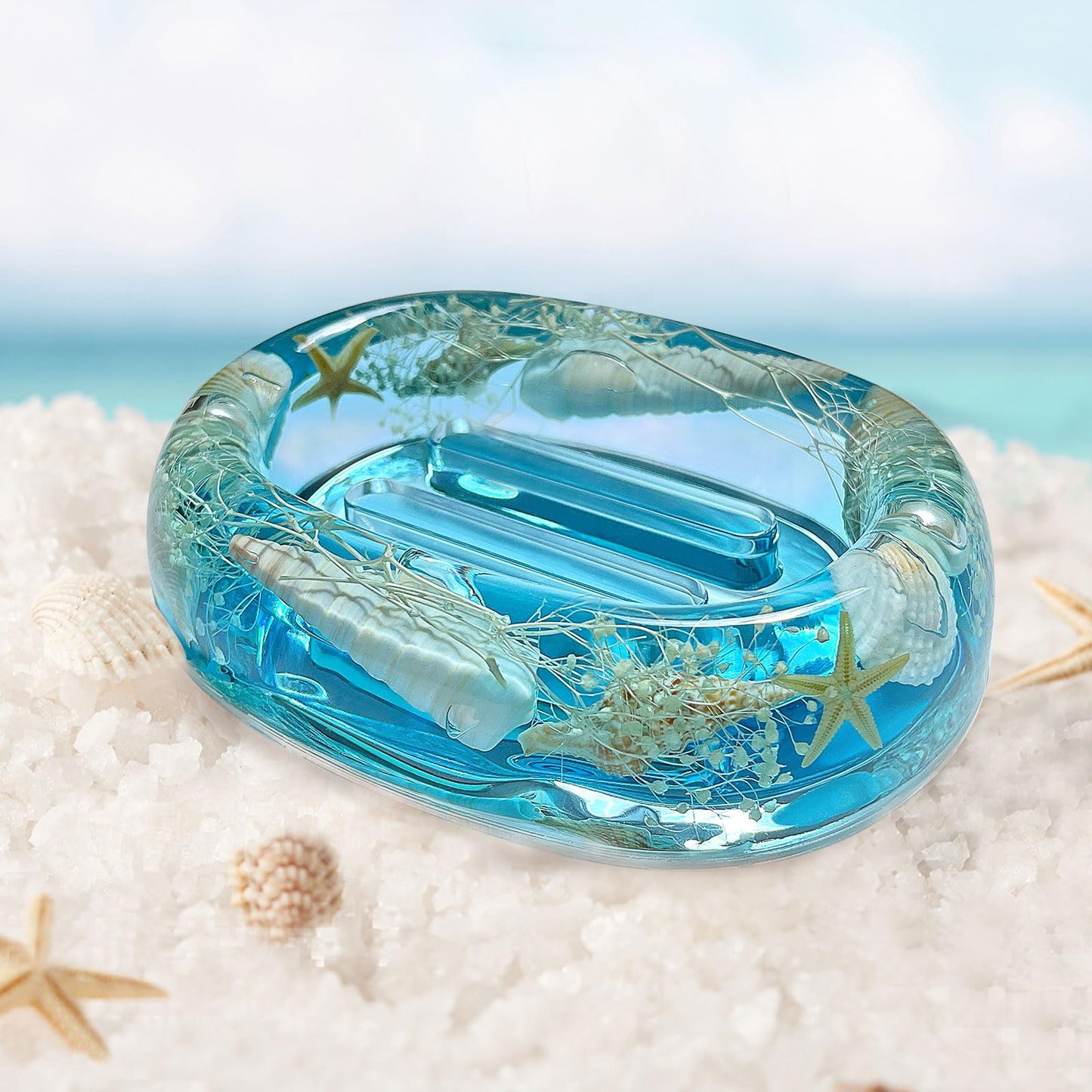 FONMY Soap Dish Acrylic w/Nature Seashell Bar Soap Holder Shower Soap Tray for Home, Camping Travel, Dry Stop soap Saver for Bathroom Vanity Countertop Office Unique Gifts and Home Decoration (Blue)