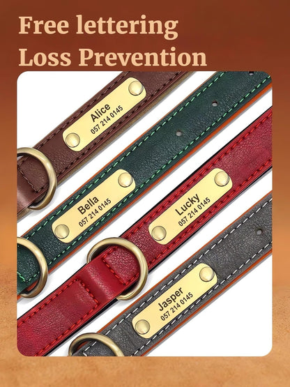 SEOUGEE Genuine Leather Dog Collar Personalised, Soft Padded Leather Dog Collars Heavy Duty with Custom Engraved Name Plate Adjustable for Small Medium Large Dogs (M, Brown 28-37cm)