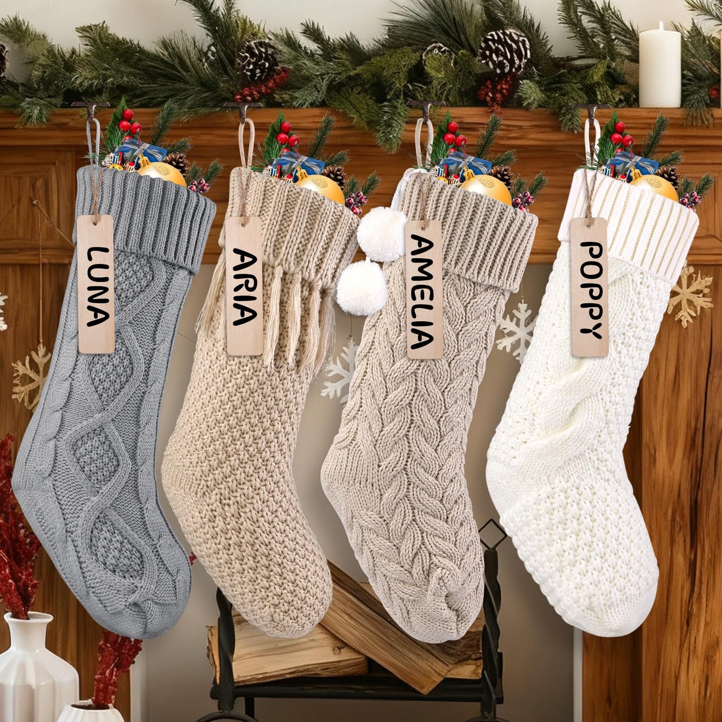 Teeanzo 4Pack 18 Inches Christmas Knitted Hanging Stockings,Xmas Large Farmhouse Rustic Neutral Cable Knit Personal Stockings Decorations for Christmas Tree Fireplace Family Holiday Party Decor