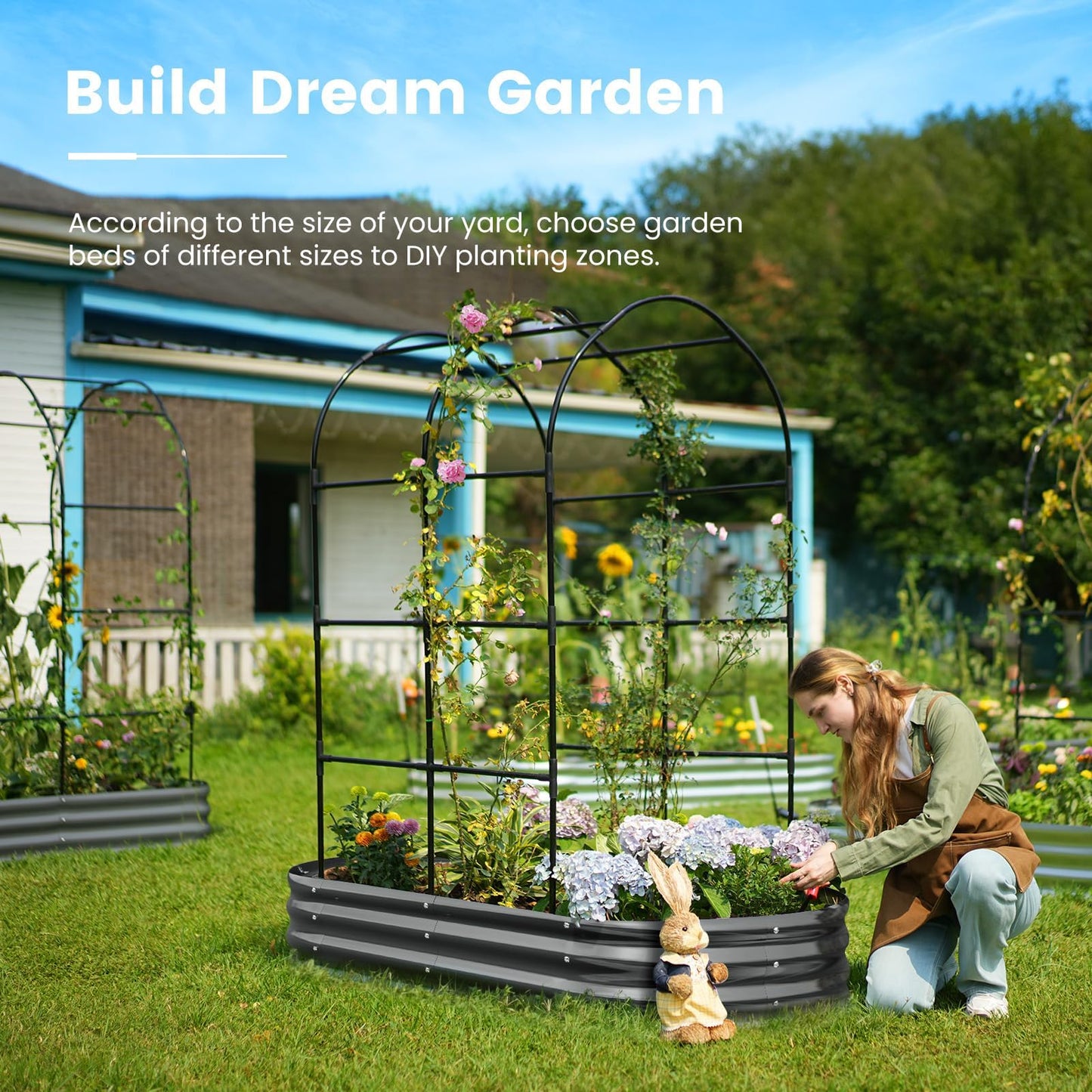 KING BIRD Raised Garden Bed with Arched Trellis Galvanized Planter Garden Box Outdoor for Gardening, Climbing Vegetables, Flowers, Dark Grey, 5.9x2.95x0.98 Ft